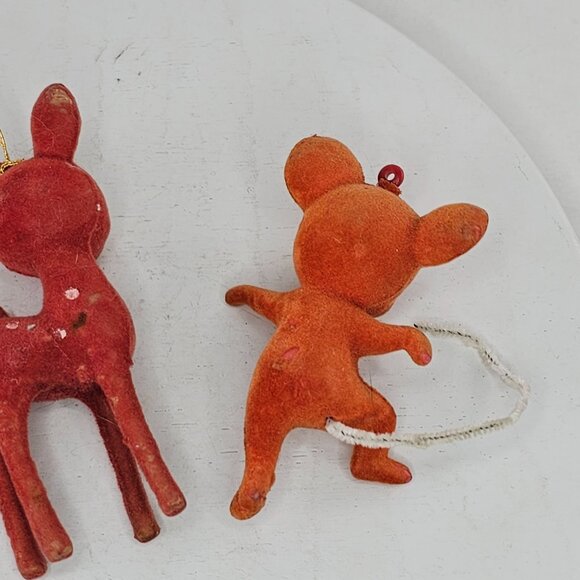 Vintage Flocked Dancing Mouse & Deer Christmas Ornaments Set - Picture 5 of 7